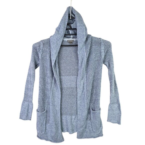 Womens Eddie Bauer Blue Hooded Knit Cardigan Sweater Linen Blend Front Pockets S - Picture 1 of 8